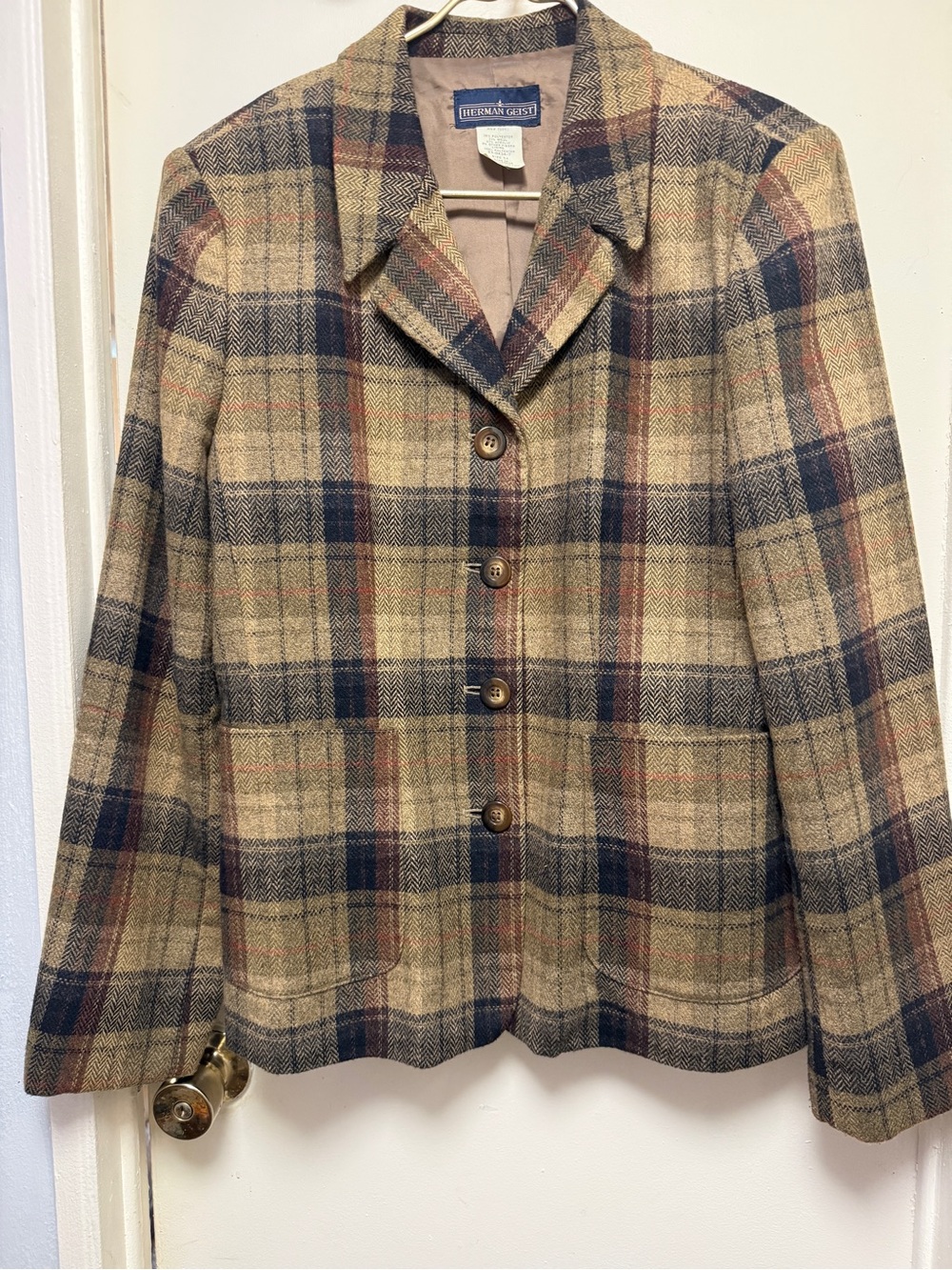 Herman Geist Plaid Wool Blend Button-Front Lined Blazer in Brown & Navy 14